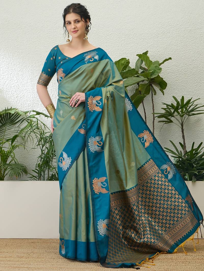 Teal color readymade handloom silk  saree with unstitched designer blouse