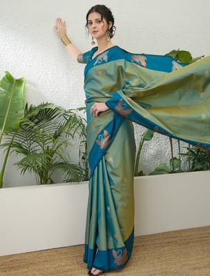 Teal color readymade handloom silk  saree with unstitched designer blouse 2