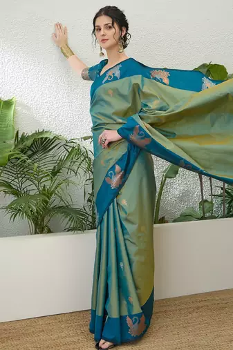 Teal color readymade handloom silk  saree with unstitched designer blouse