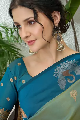 Teal color readymade handloom silk  saree with unstitched designer blouse