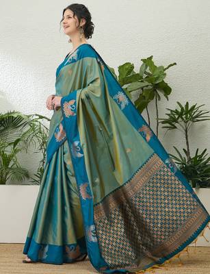 Teal color readymade handloom silk  saree with unstitched designer blouse 5