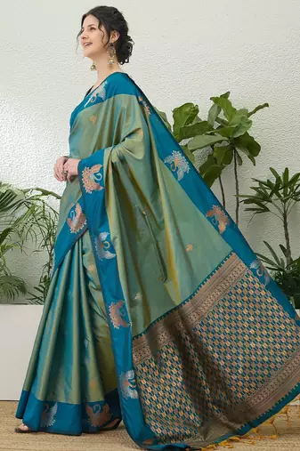 Teal color readymade handloom silk  saree with unstitched designer blouse