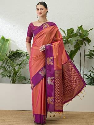 Purple color readymade handloom silk  saree with unstitched designer blouse 1