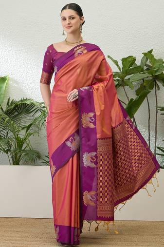 Purple color readymade handloom silk saree with unstitched designer blouse