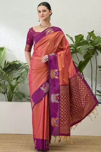 Purple color readymade handloom silk  saree with unstitched designer blouse