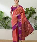 Purple color readymade handloom silk  saree with unstitched designer blouse