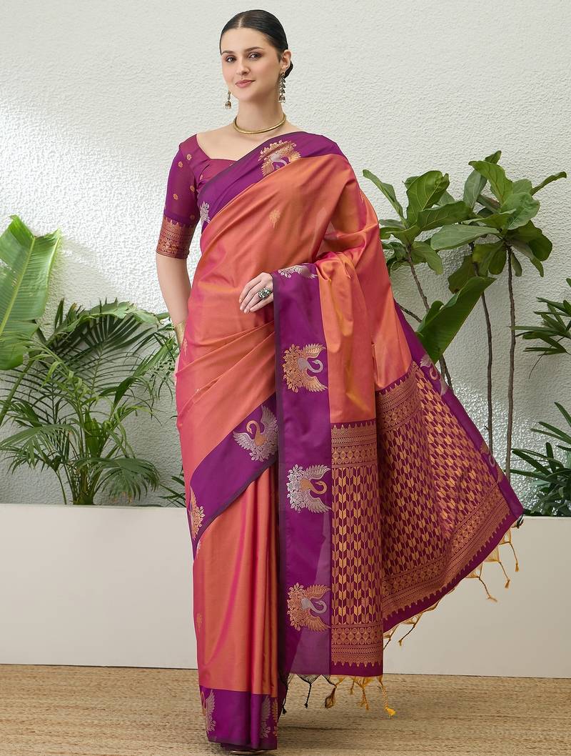 Purple color readymade handloom silk  saree with unstitched designer blouse