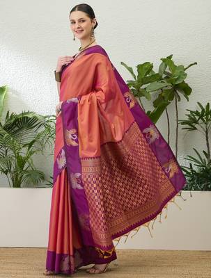 Purple color readymade handloom silk  saree with unstitched designer blouse 2