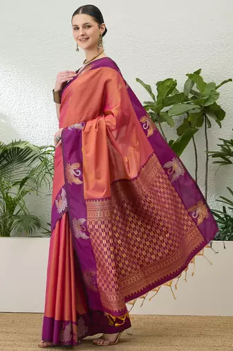 Purple color readymade handloom silk  saree with unstitched designer blouse