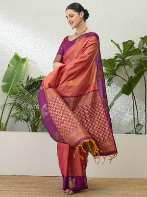 Purple color readymade handloom silk  saree with unstitched designer blouse 3