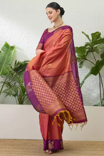 Purple color readymade handloom silk  saree with unstitched designer blouse