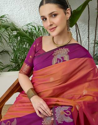 Purple color readymade handloom silk  saree with unstitched designer blouse 4