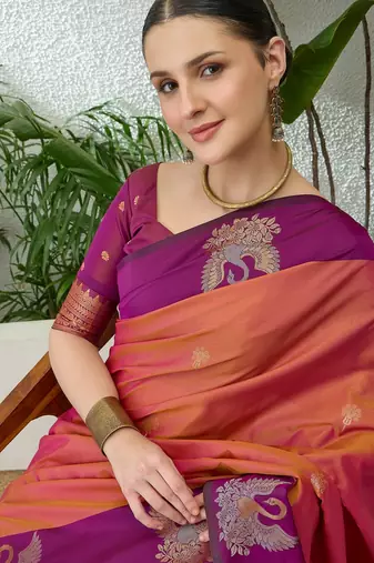 Purple color readymade handloom silk  saree with unstitched designer blouse