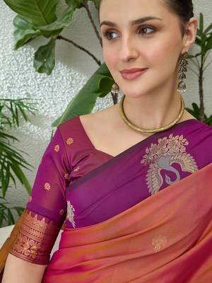 Purple color readymade handloom silk  saree with unstitched designer blouse 5
