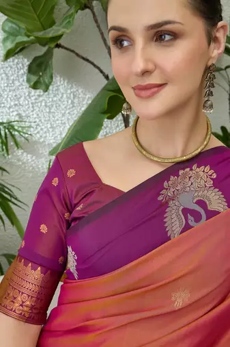 Purple color readymade handloom silk  saree with unstitched designer blouse