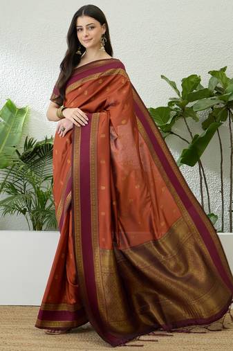 Rust color instant wear soft silk saree with unstitched designer blouse