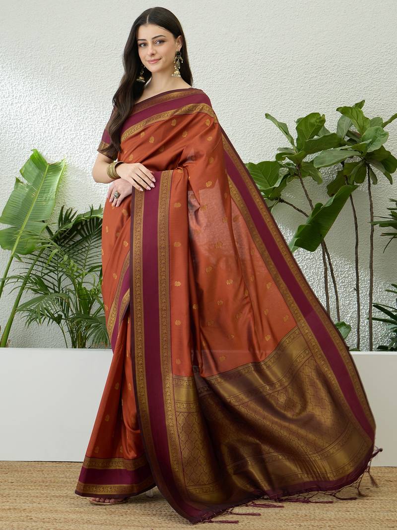 Rust color instant wear soft silk saree with unstitched designer blouse