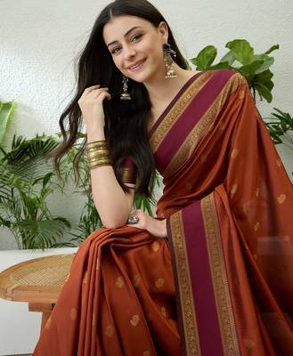 Rust color instant wear soft silk saree with unstitched designer blouse 2