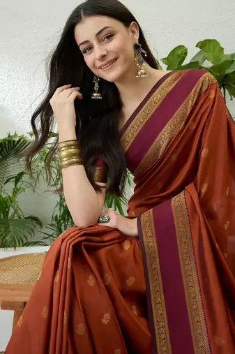Rust color instant wear soft silk saree with unstitched designer blouse