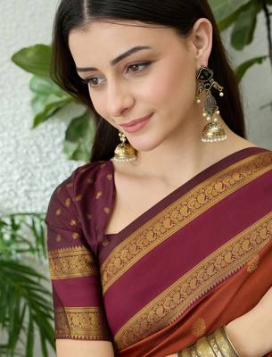 Rust color instant wear soft silk saree with unstitched designer blouse 3