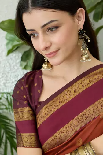 Rust color instant wear soft silk saree with unstitched designer blouse