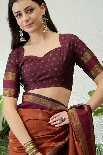 Rust color instant wear soft silk saree with unstitched designer blouse
