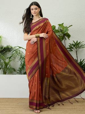 Rust color instant wear soft silk saree with unstitched designer blouse 5