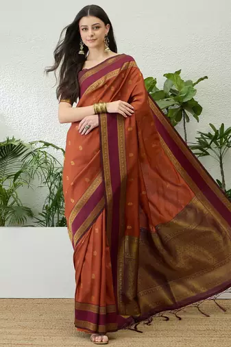 Rust color instant wear soft silk saree with unstitched designer blouse