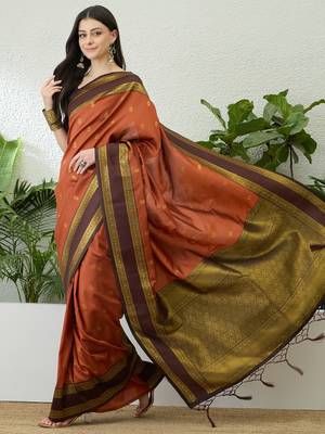 Rust color instant wear soft silk saree with unstitched designer blouse 1