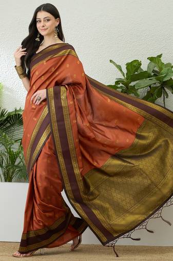 Rust color instant wear soft silk saree with unstitched designer blouse