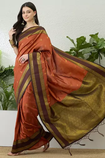 Rust color instant wear soft silk saree with unstitched designer blouse