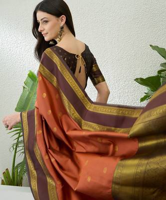 Rust color instant wear soft silk saree with unstitched designer blouse 3