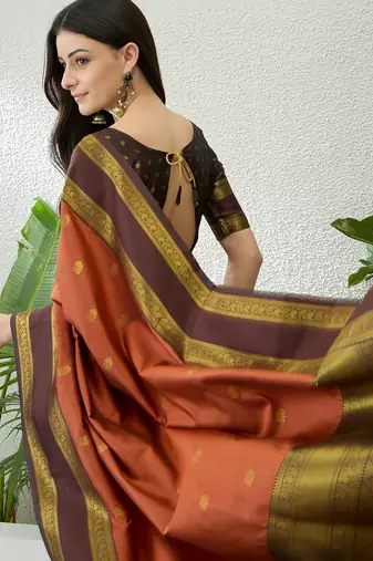 Rust color instant wear soft silk saree with unstitched designer blouse