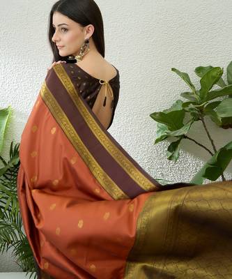 Rust color instant wear soft silk saree with unstitched designer blouse 4