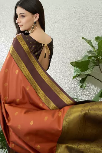 Rust color instant wear soft silk saree with unstitched designer blouse