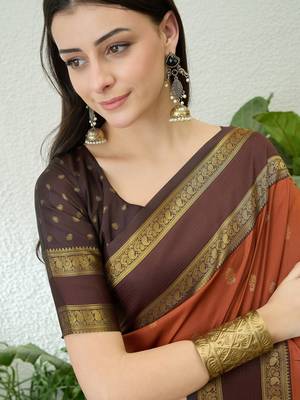 Rust color instant wear soft silk saree with unstitched designer blouse 5