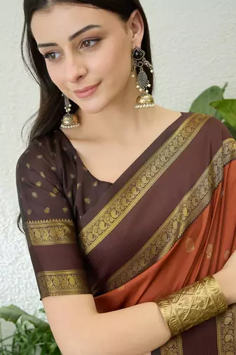 Rust color instant wear soft silk saree with unstitched designer blouse