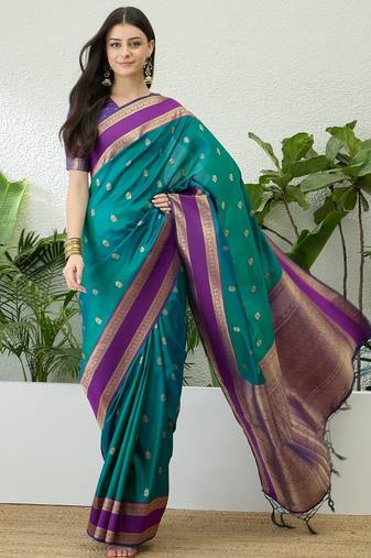 Blue color instant wear soft silk saree with unstitched designer blouse