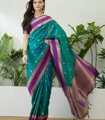Blue color instant wear soft silk saree with unstitched designer blouse