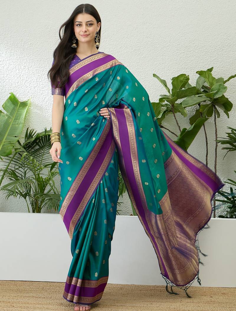 Blue color instant wear soft silk saree with unstitched designer blouse