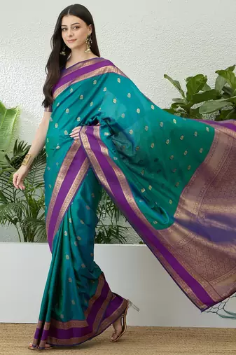 Blue color instant wear soft silk saree with unstitched designer blouse