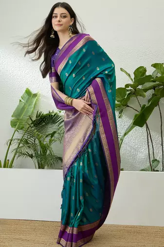 Blue color instant wear soft silk saree with unstitched designer blouse