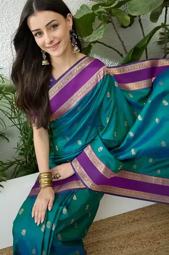 Blue color instant wear soft silk saree with unstitched designer blouse