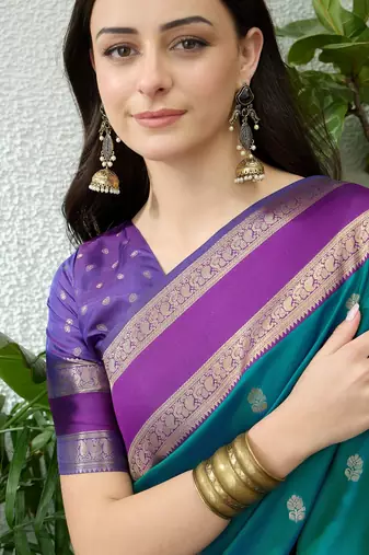 Blue color instant wear soft silk saree with unstitched designer blouse