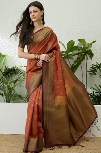 Rust color easy drape soft silk saree with unstitched designer blouse