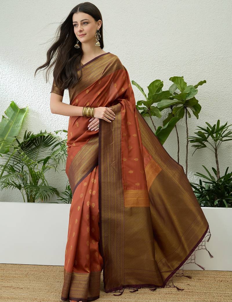Rust color easy drape soft silk saree with unstitched designer blouse