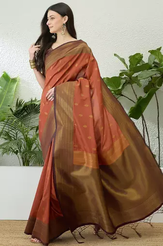 Rust color easy drape soft silk saree with unstitched designer blouse