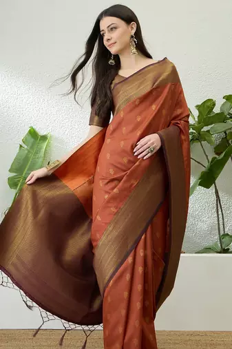 Rust color easy drape soft silk saree with unstitched designer blouse