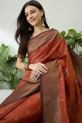 Rust color easy drape soft silk saree with unstitched designer blouse