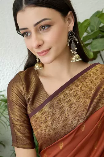 Rust color easy drape soft silk saree with unstitched designer blouse